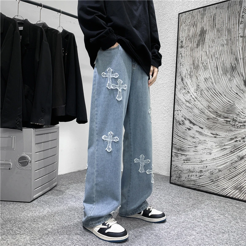 Fashion High Street Loose Casual Pants Men's Embroidery Cross Horn New Jeans Spring Denim Women's Men's Same Y2K Black Blue
Fashion High Street Loose Casual Pants Men's Embroidery Cross Horn New Jeans Spring Denim Women's Men's Same Y2K Black Blue