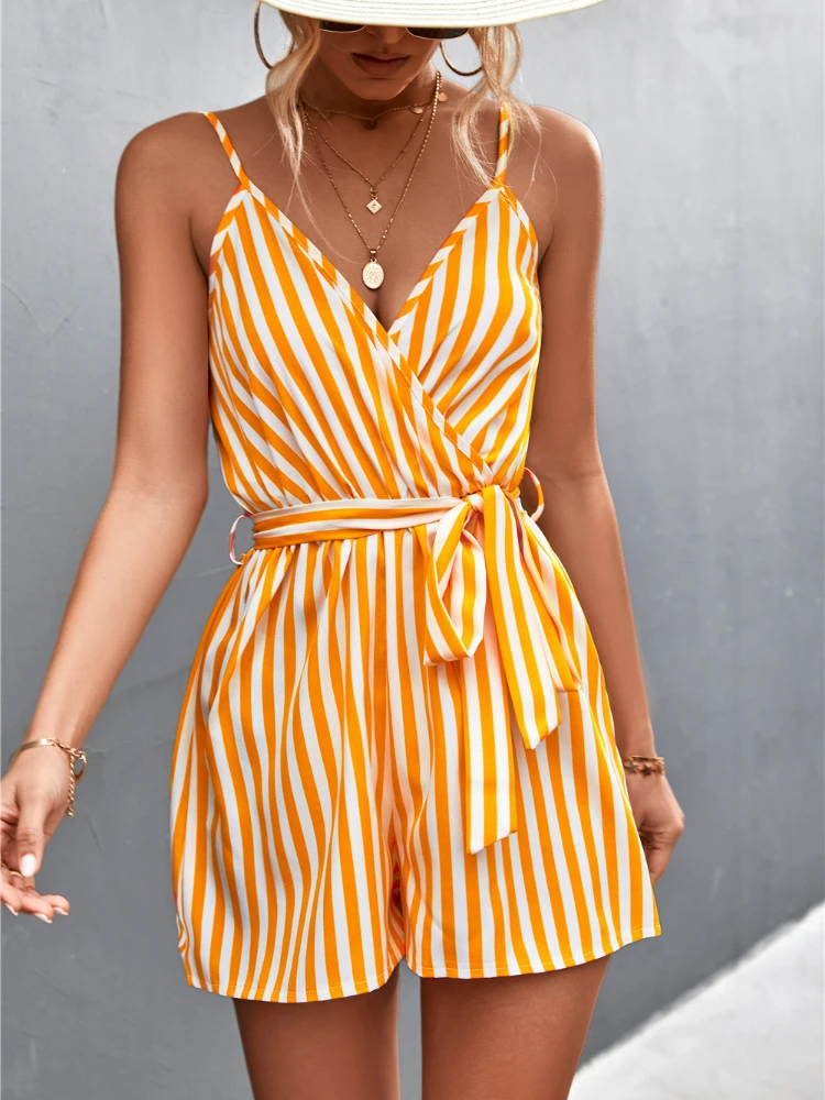

2024 Summer Sexy V-Neck Jumpsuit For Women Casual Stripe Sleeveless Loose Romper Shorts Beach Playsuit Female Outfit