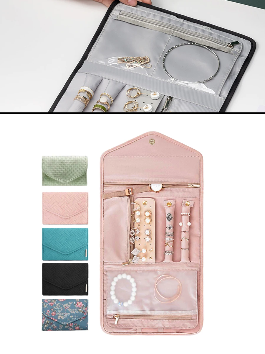 

Roll Foldable Jewelry Case Travel Jewelry Organizer Portable For Journey Earrings Rings Diamond Necklaces Brooches Storage Bag