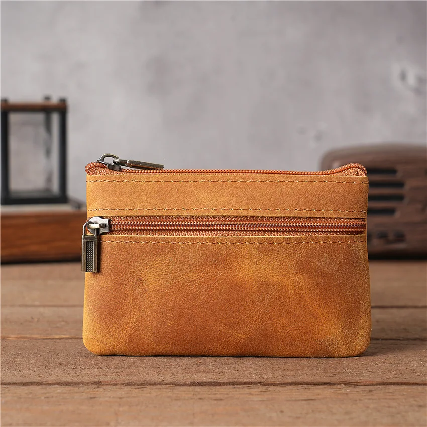 

Genuine Leather Coin Purse for Men Women Key Bag Vintage Crazy Horse Leather Zipper Coin Pouch Key Chain Holder Small Change Bag