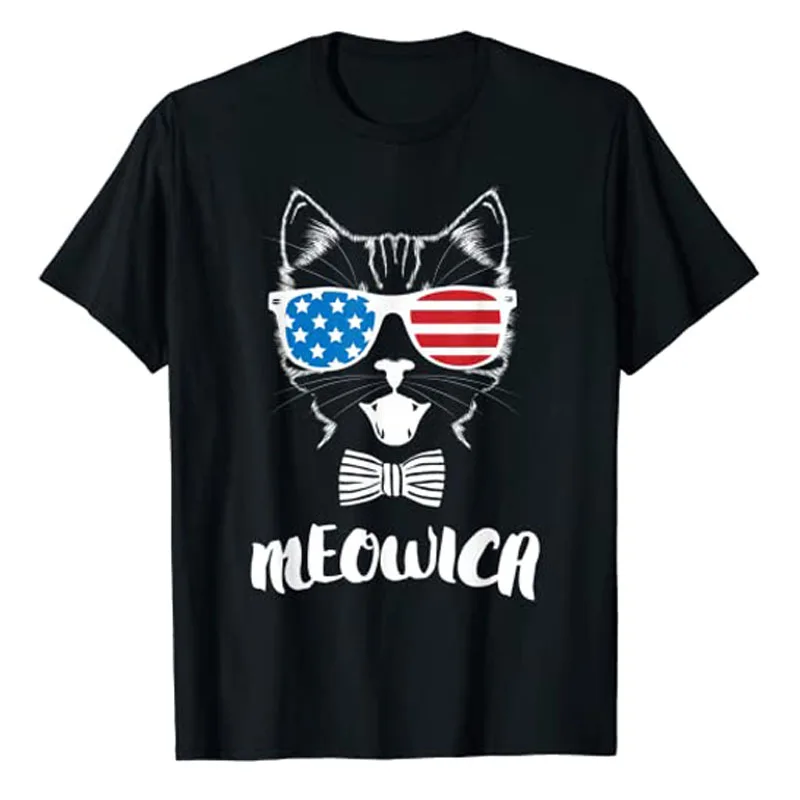 

4th of July Meowica Kitty Cat T-Shirt Funny USA Flag American Pride Patriotic Tee Tops Cool Kitten Short Sleeve Graphic Outifts