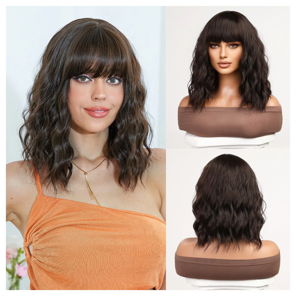 

SNQP Short Curly Synthetic Wig with Bangs for Women 14inch Ombre Black and Brown Wig for Daily Cosplay Party Use Heat Resistant