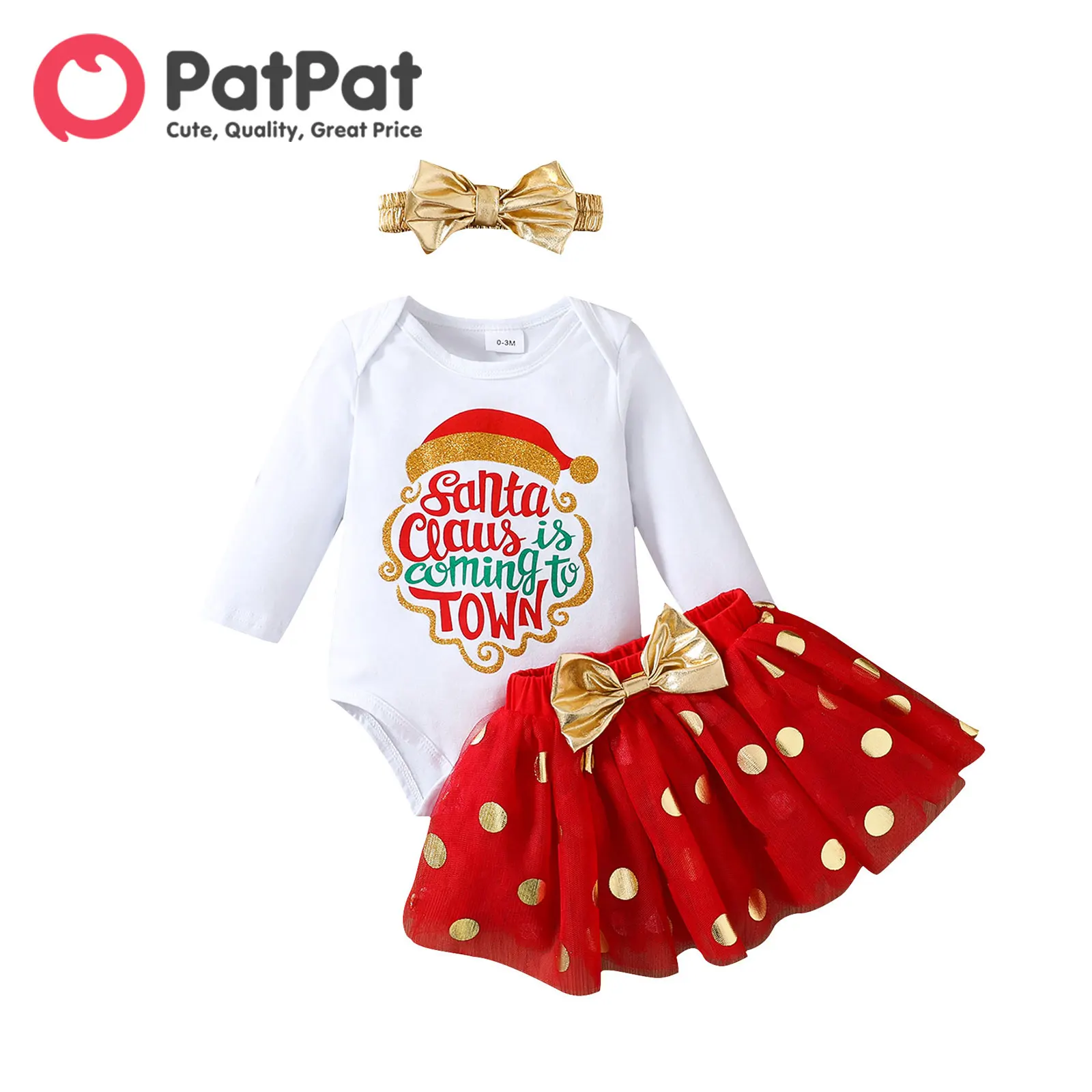 PatPat Christmas 3pcs Baby Girl 95% Cotton Long-sleeve Letter Print Romper and Polka Dot Mesh Skirt with Headband Set
PatPat Christmas 3pcs Baby Girl 95% Cotton Long-sleeve Letter Print Romper and Polka Dot Mesh Skirt with Headband Set
