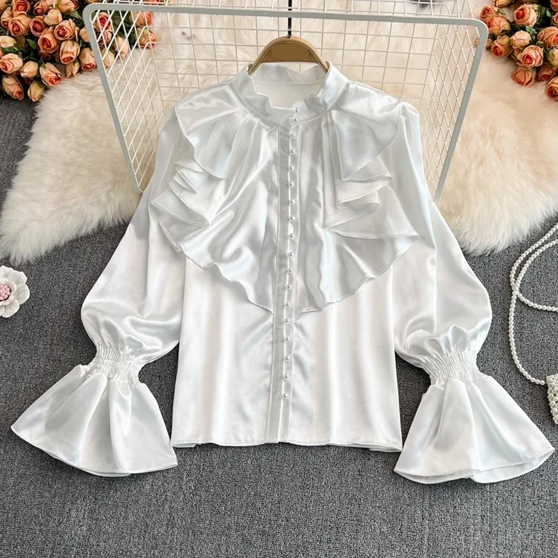 

New Flare Long Sleeve Standing Collar Ruffled Blouse Women Vintage White Acetate Satin Shirt French Style Loose Lady Tops 29939