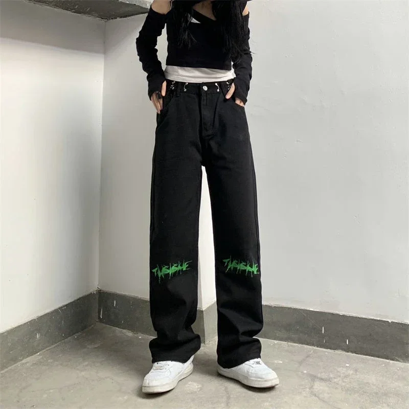 

Trousers Graphic Pants for Women Letter Pattern High Waist Shot Straight Leg Womens Jeans Black with Pockets Print Clothing Emo