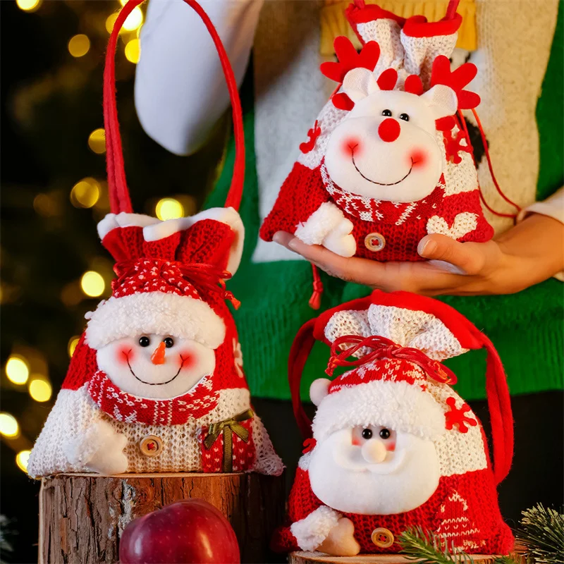 

2024 Новогодняя и Рождественская Подарочная сумка, рождественские мешочки для хранения яблок и конфет, Подарочный мешок на шнурке с Санта-Клаусом, снеговиком, сумка для яблока 2024