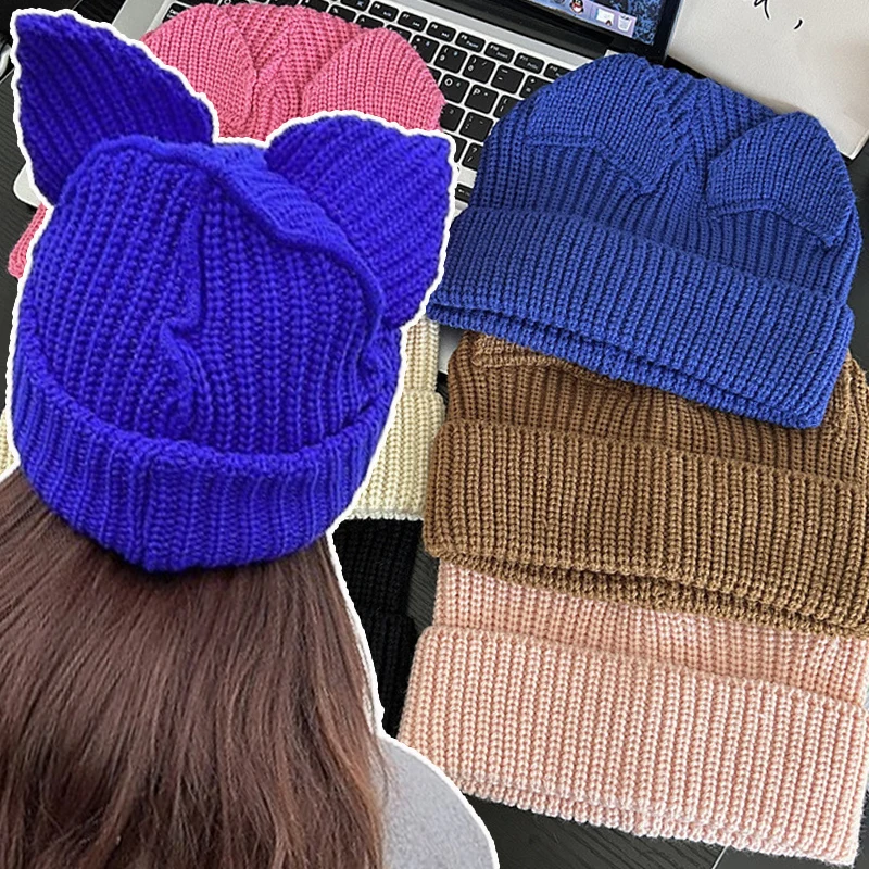 

Fashion Y2K Cat Beanie With Ears Coldproof Elastic Skull Cap Warm Beanies Striped Knit Streetwears Hats For Women Autumn Winter