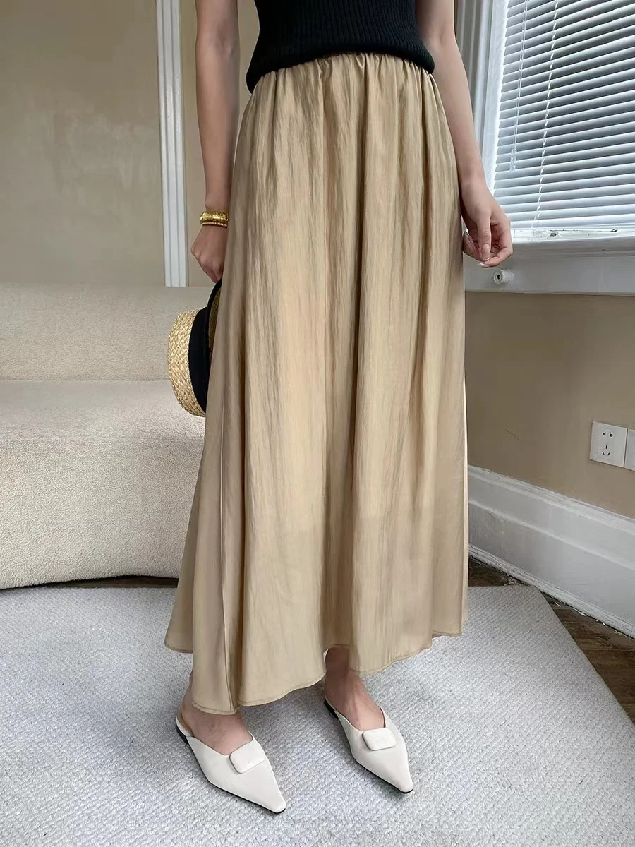

Женская Блестящая тонкая трапециевидная юбка из тенсела с завышенной талией, плиссированная эластичная длинная полуюбка 2023, летние атласные Макси-юбки