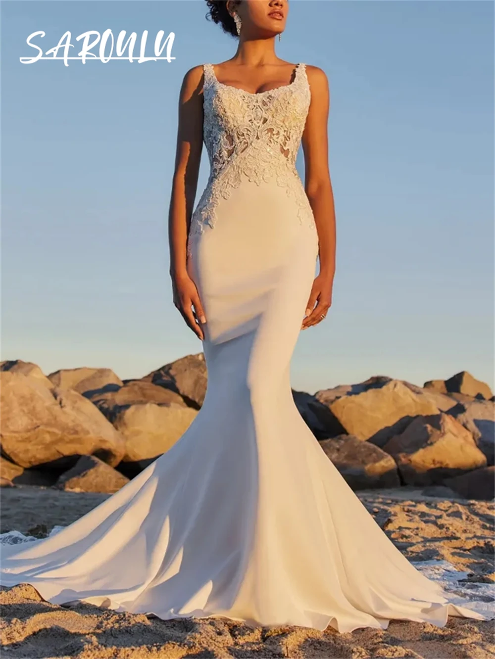 

Cut-out Lace Mermaid Wedding Dress Tank Sleeve Satin Bridal Gown Custom Made Plus Size Cheap Bride Dresses Vestidos De Novia