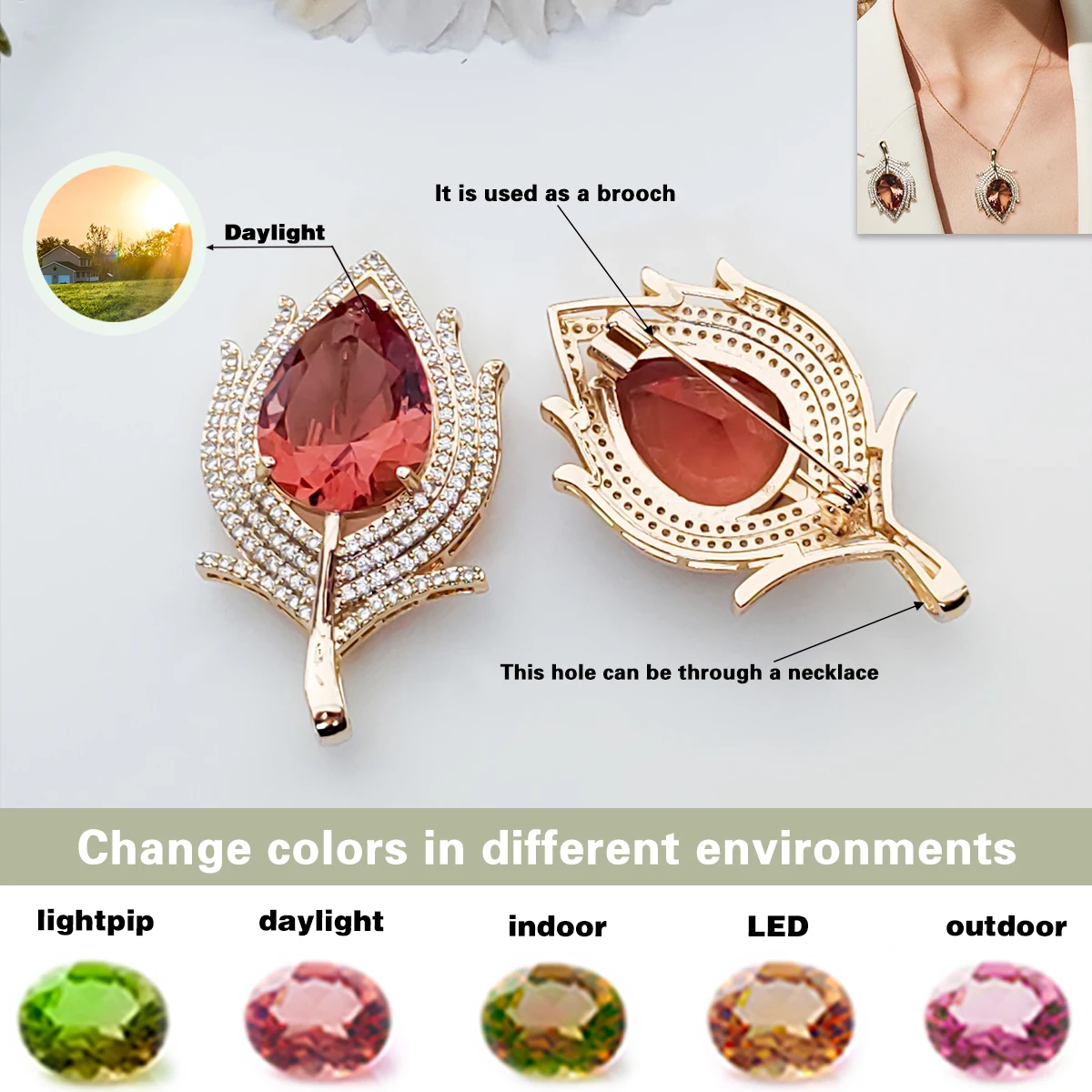 

Элегантная женская брошь из султанита, меняющая цвет, может быть брошью или кулоном на ожерелье, меняет цвета
