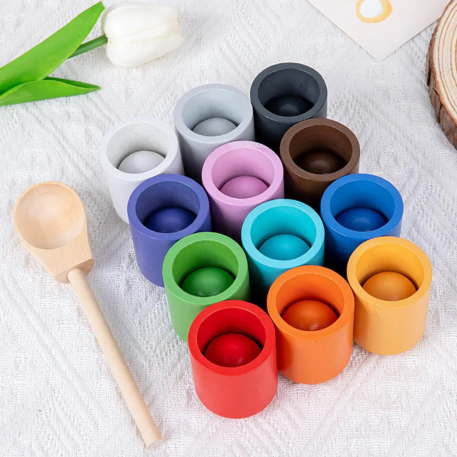 

Wooden Balls in Cups Montessori Toy Color Sorting Game Educational Toys Preschool Learning Toy and Bowl Spoon for Kids