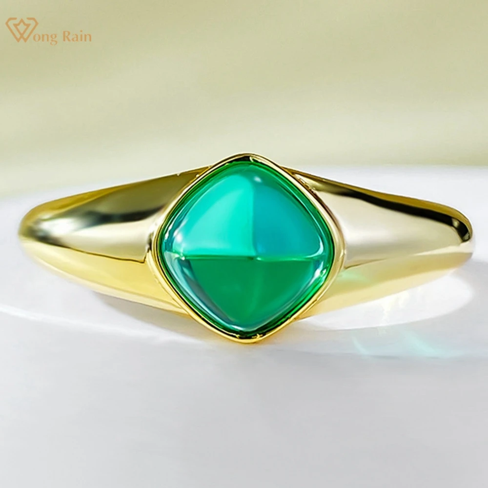 

Wong Rain 18K Gold Plated 925 Sterling Silver Sugar-loaf Cut 6*6 MM Emerald Gemstone Wedding Fine Jewelry Vintage Ring for Women