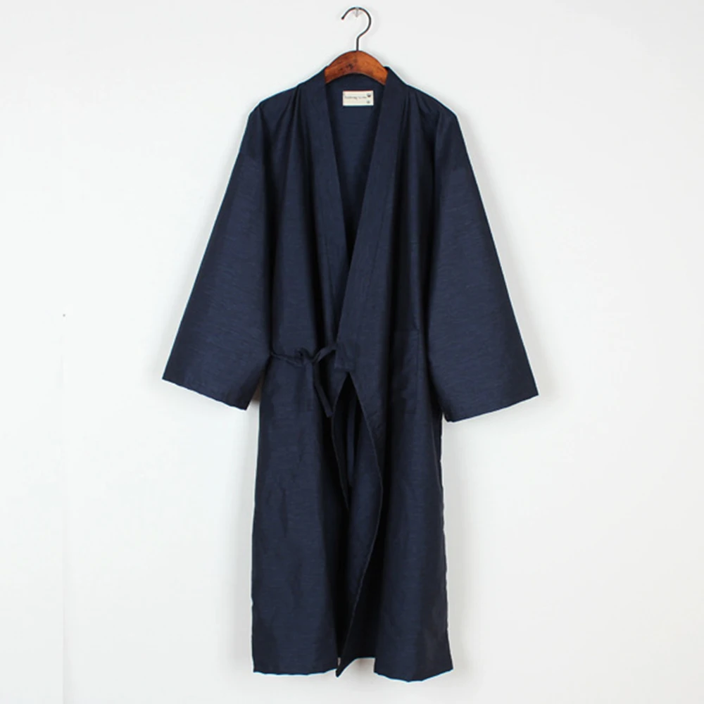 

Men's Solid Color Cotton Japanese Kimono Yukata Robes Casual Long Sleeve Bathrobe Pajamas Cotton Home Robe Loungewear