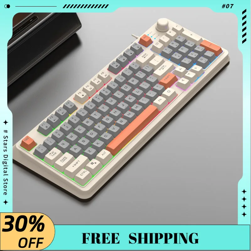 

XUNSVFOX K82 Mechanical Wired Keyboard with Volume Knob Mixed Light Ergonomic Design 94 Keys Simple Layout Win Gaming Keyboard