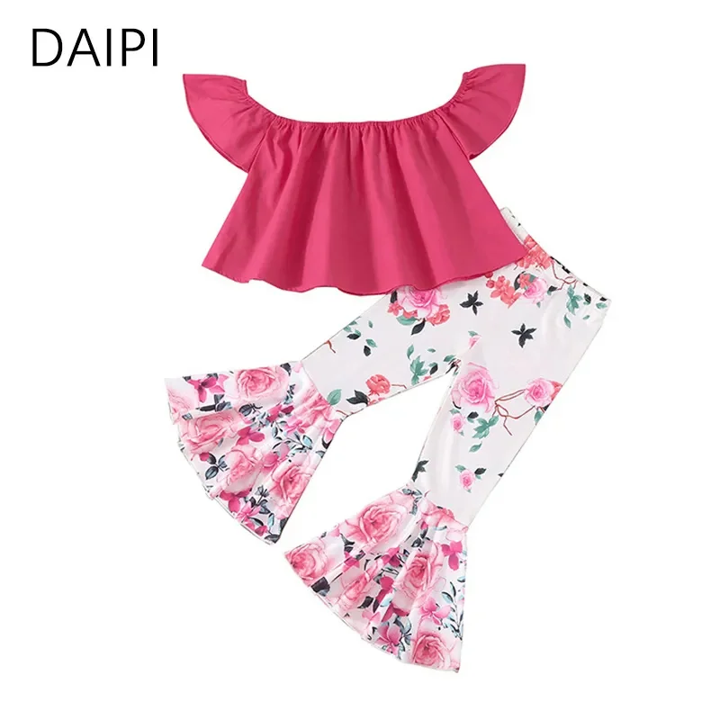 

2023 New Girl Sets of Clothes Flowers Horn Long Pants Ruffles Short Sleeves Baby Fashion s Two Piece Set Summer