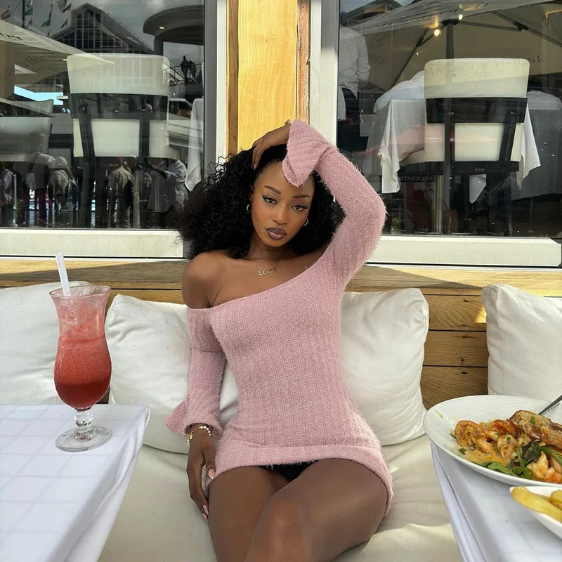 Spicy One-oulder Women's Dress High Waist Bodycon Short Skirt Long Sleeve Polyester Fabric Pure Color Elegant Lady Dresses Spicy One-oulder Women's Dress High Waist Bodycon Short Skirt Long Sleeve Polyester Fabric Pure Color Elegant Lady Dresses