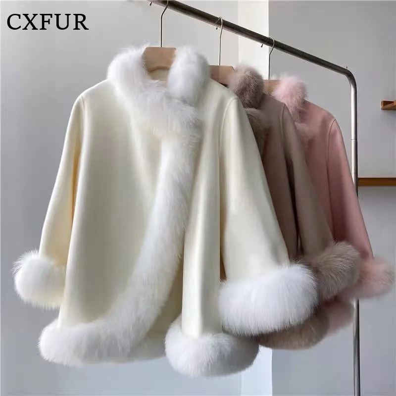 

Gorgeous Outwear Fox Fur Trimmed Wool Cashmere Poncho Coat for Women CX-G-T-77