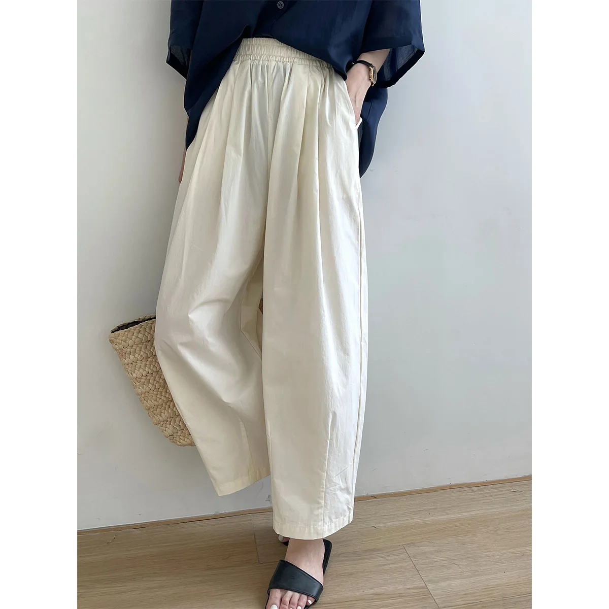 

Spring Summer Women's Ankle-length Pants Literary Casual Retro High-waisted Radish Pants Elastic Waist Loose Wide-legged Pants