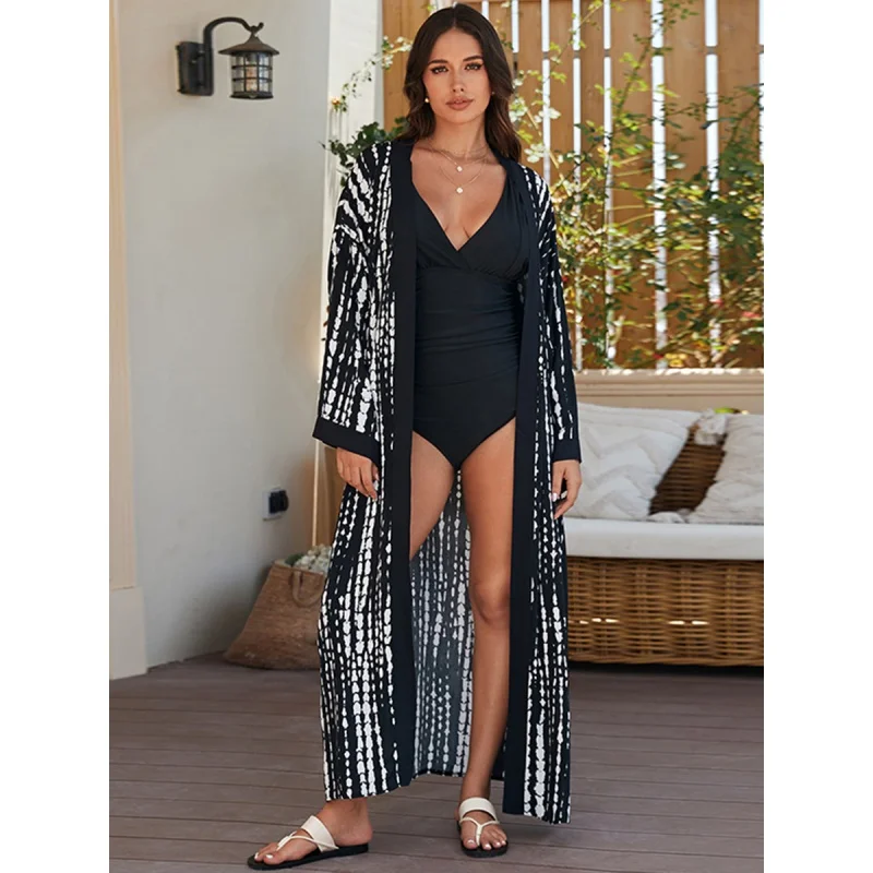 

Beach Cover Ups Tie Dye Printed Kimono Dresses Self Belted Tunic Holiday Bathing Suits Swimwear 2024 Dropshipping Hot Sale