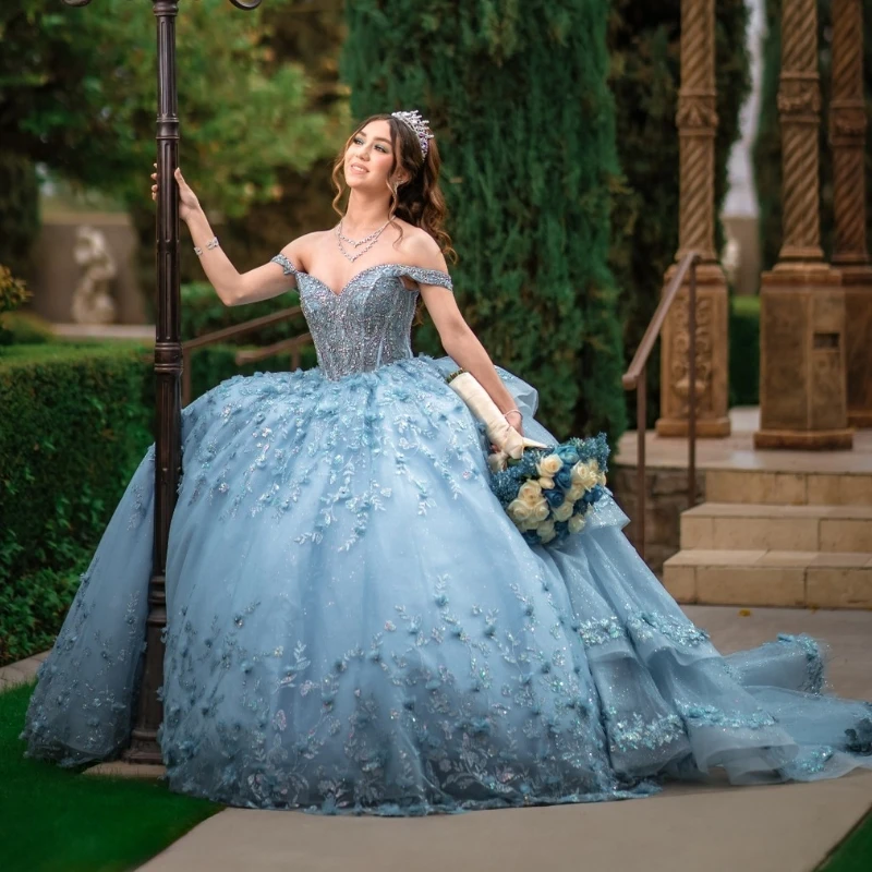 Sky Blue Shiny Princess Quinceanera Dress Ball Gown 3D Floral Flower Lace Applique Beading Tull Sweet 16 Vestidos De 15 Años
Sky Blue Shiny Princess Quinceanera Dress Ball Gown 3D Floral Flower Lace Applique Beading Tull Sweet 16 Vestidos De 15 Años