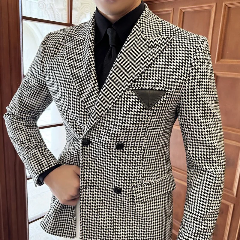 

Classical Houndstooth Double Breasted Buckle Blazers Men Slim Casual Business Suit Jackets Social Party Dress Coats Tops M-3XL