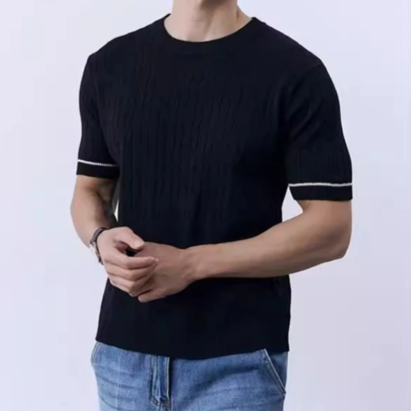 

Summer Casual Knitting T-shirts Men Slim Short Sleeve Crew Neck Knitted Tops New Fashion Mens Knitwear Trendy T Shirt Streetwear