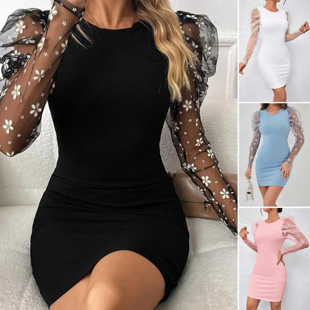 

Mesh Sleeve Dress Elegant Sheath Dress with Mesh Petal Slim Fit Design High Waist Detail for Office Wear Special Occasions Women