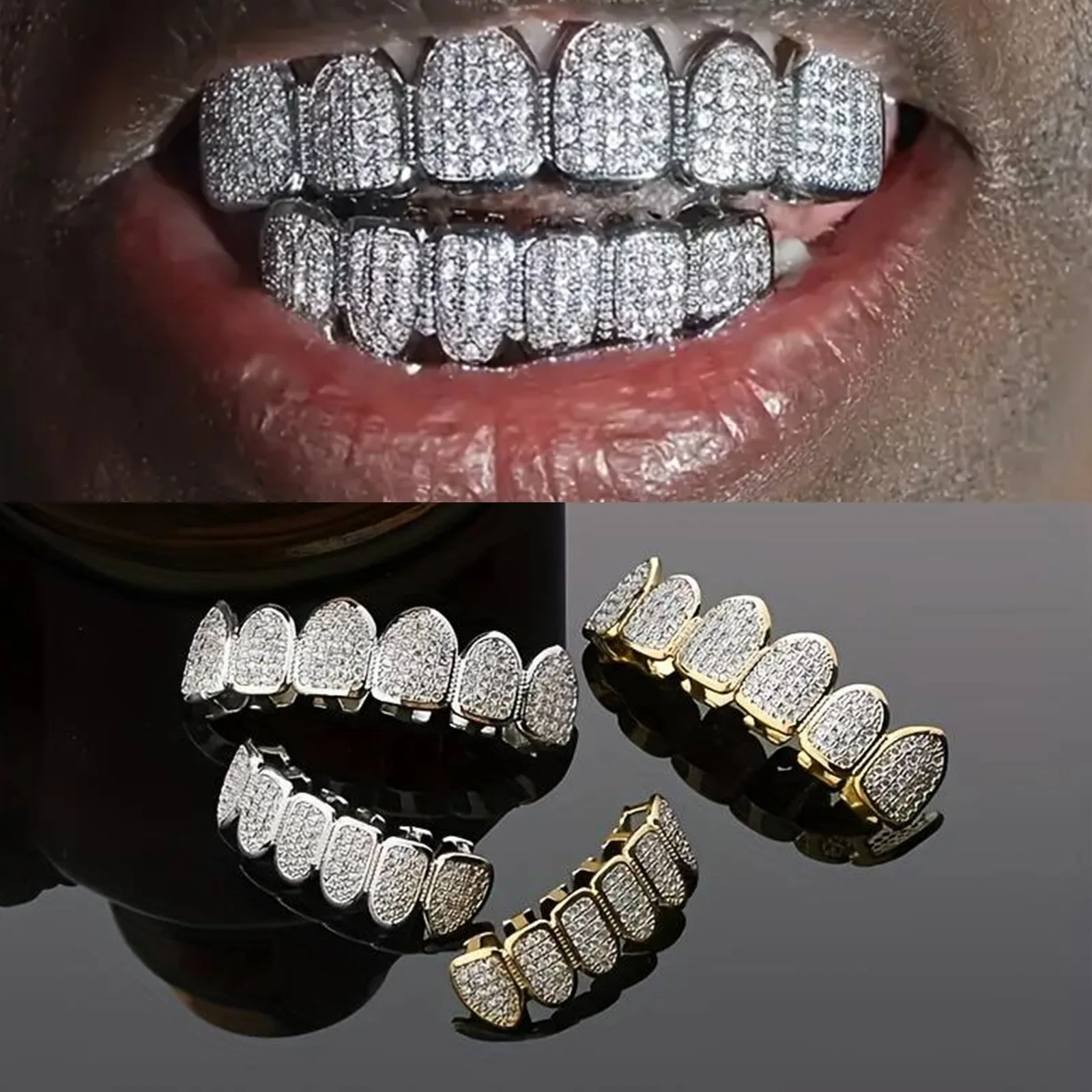 

CZ Teeth Grillz Set For Unisex Top Bottom Mouth Gold Silver Color Teeth Grills Tooth Cap Removable Dental Fashion Jewelry