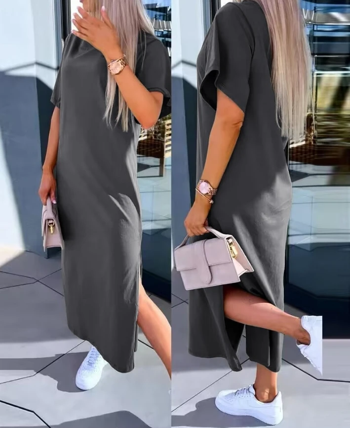 

Slit Short Sleeve Round Neck Casual Dress for Women 2024 Spring Summer New Style Solid Color Loose Casual Mid Length Skirt