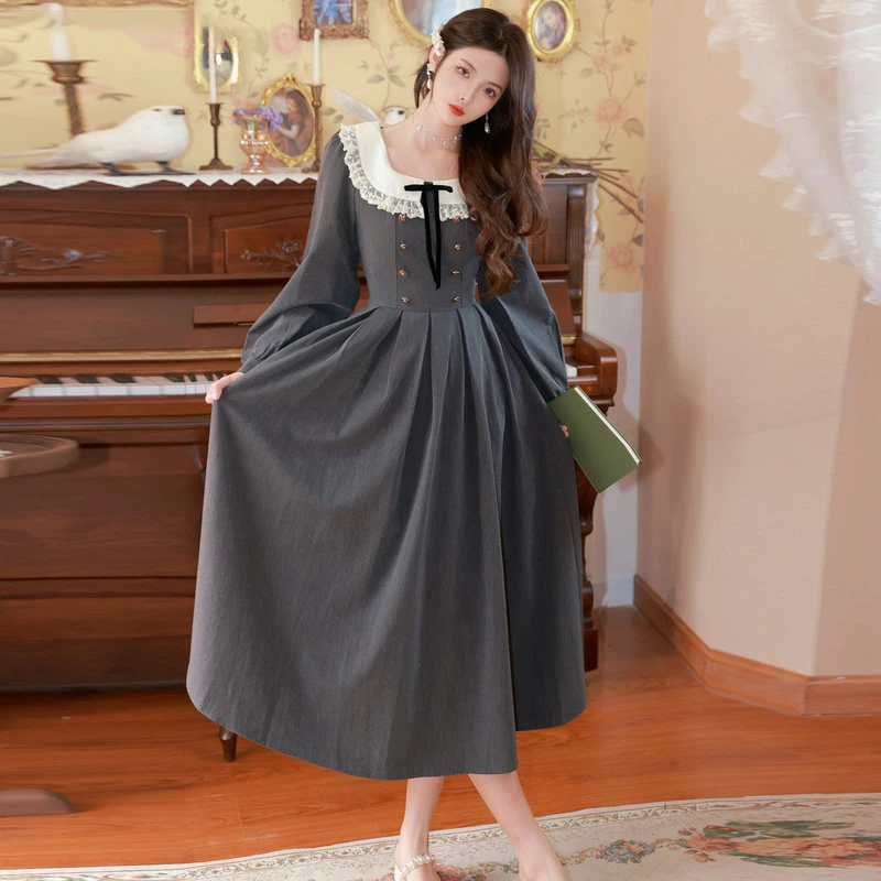 Preppy Style Spring and Autumn Women's Midi Dress Women's Peter Pan Neck Lace Bow Grey Dress Long Sleeve Sweet Princess Dress
Preppy Style Spring and Autumn Women's Midi Dress Women's Peter Pan Neck Lace Bow Grey Dress Long Sleeve Sweet Princess Dress