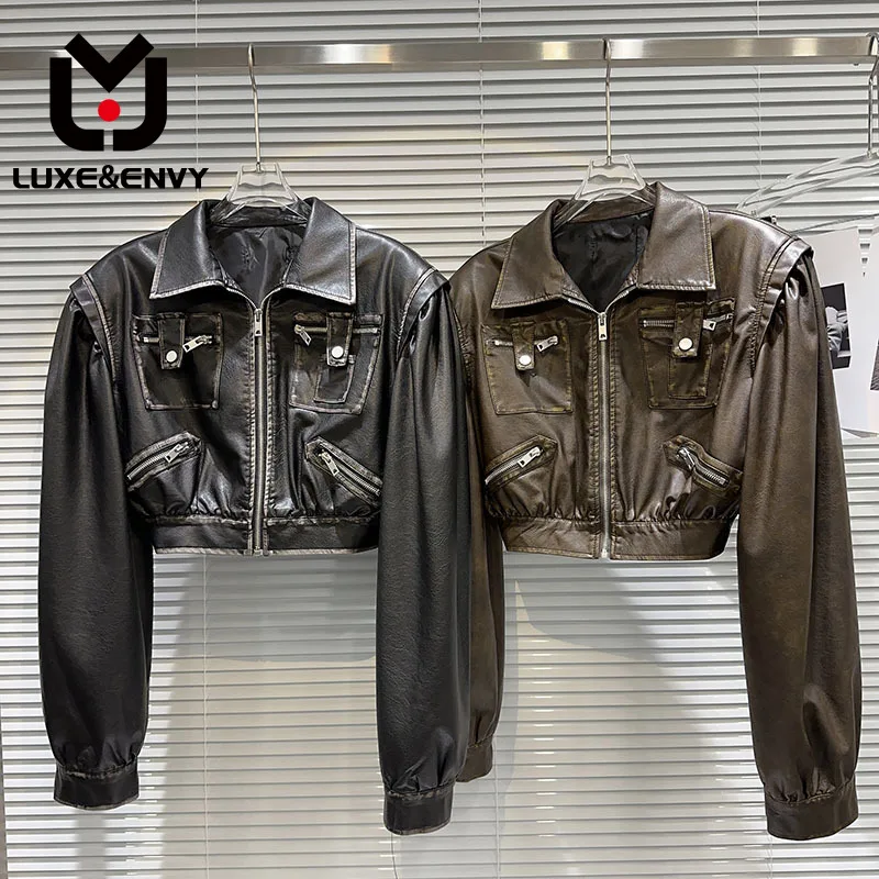 

LUXE&ENVY New Fried Street Spicy Girl's Old Brushed Lacquered Edge Motorcycle Leather Coat Leather Jacket 2023 Autumn