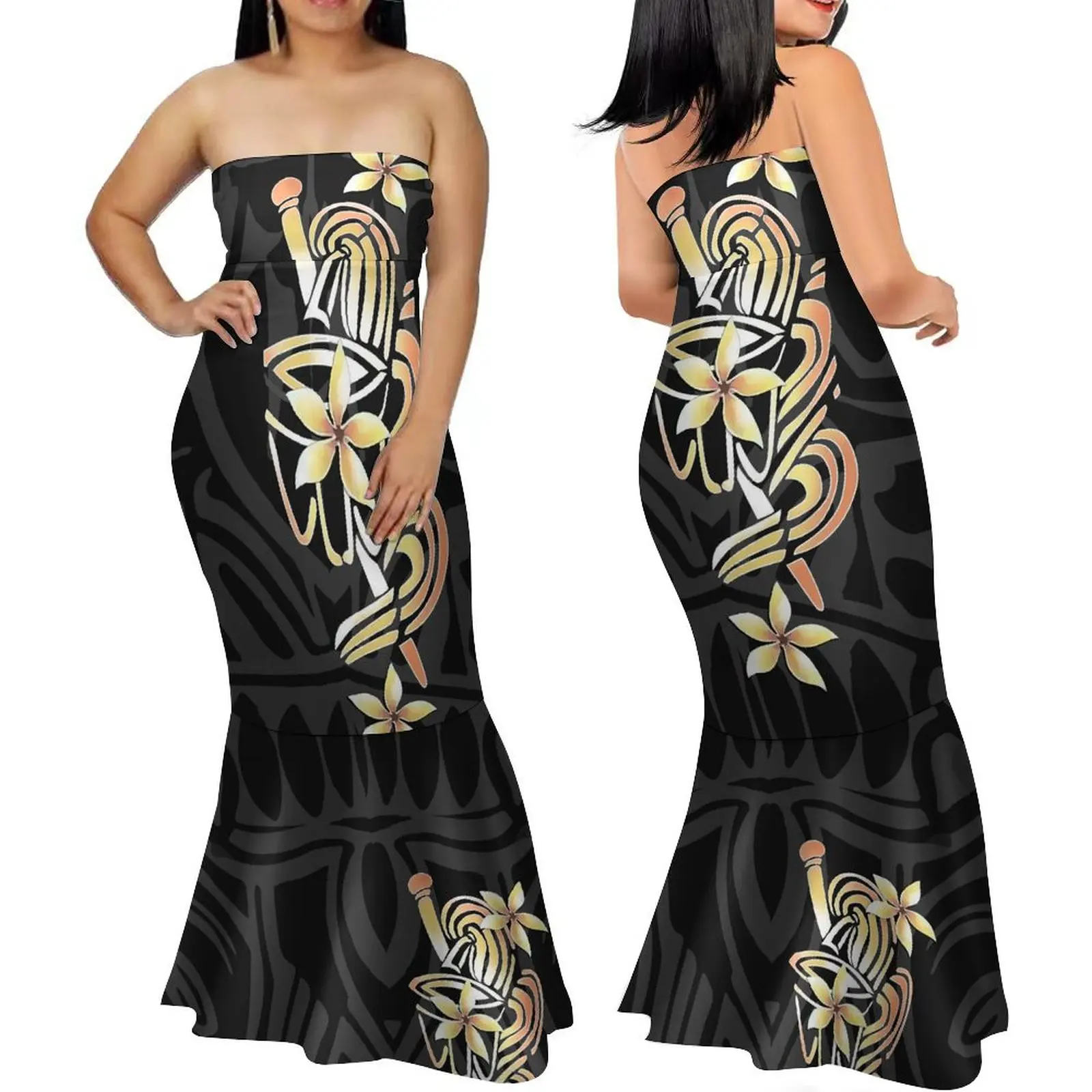 

Anti-wrinkle Polynesian Monstera Leaf Design Elegant Tube Top Fishtail Dresses Custom Hawaii 8XL Mermaid Dress Drop Shipping