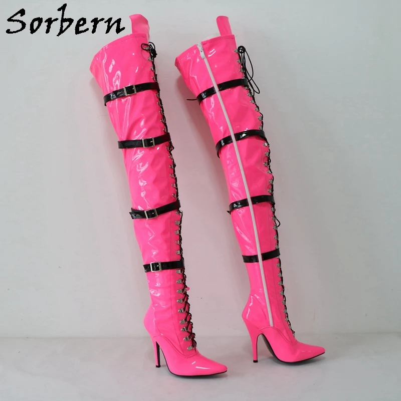 

Sorbern Neon Pink Thigh High Boots Women Fetish Shoes 12Cm High Heel Stilettos Pointed Toe 4 Straps Custom Slim Or Wide Legs Fit