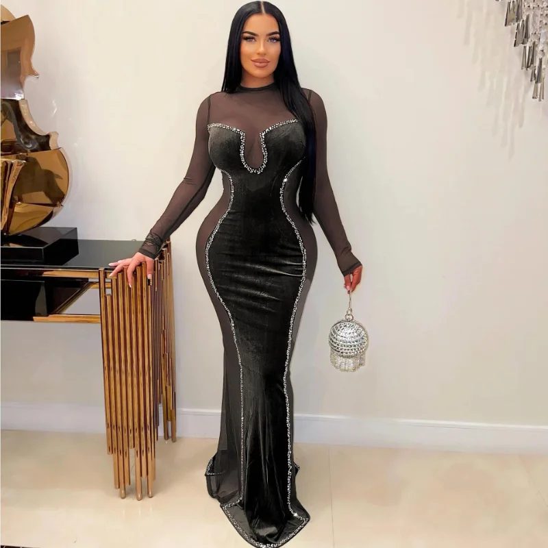 

Velvet Sheer Mesh Patchwork Women Bodycon Maxi Dress Diamonds 2024 Spring Long Sleeve Sexy Nightclub Party Evening Dresses