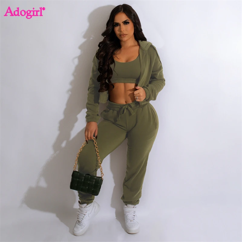 

Adogirl Fleece 3 Piece Set Tracksuits Women Vest Crop Top Long Sleeve Hooded Jackets Sweat Pants Solid Streetwear Jogging Suits