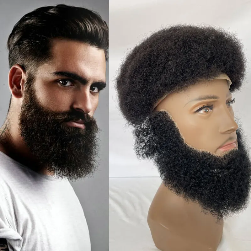 

Men Human Hair Afro Curl Face Beard Mustache For American Black Men Realistic Makeup Lace Base Replace System 1B Black Color