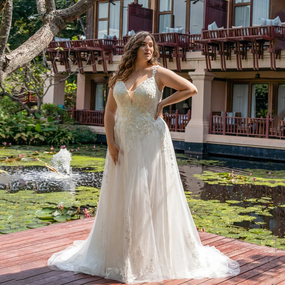 

Элегантное Тюлевое свадебное платье, платье для невесты с V-образным вырезом, аппликацией, застежкой-молнией сзади, шлейфом, ТРАПЕЦИЕВИДНОЕ Тюлевое платье, 2024