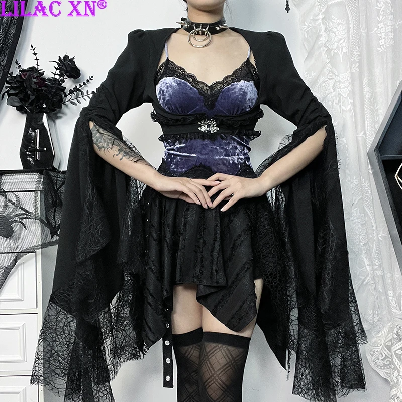 

Goth Black Large Flare Long Sleeve Dress Smock Cover Ups Vintage Elegant Lace Mesh Bustier Cropped Cardigan for Women Cape