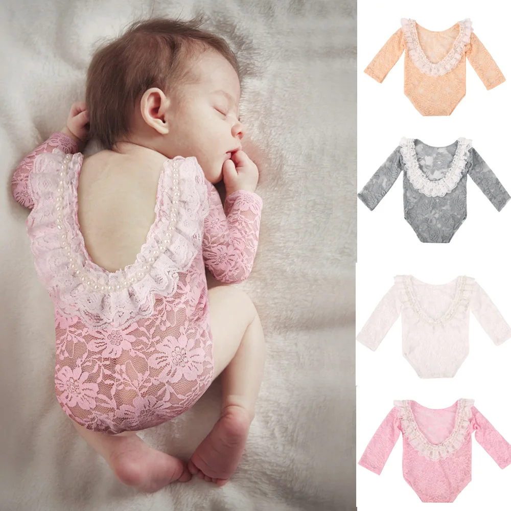 

0-3 Month Newborn Photography Outfits Cute Pearl Lace Jumpsuit Romper Baby Girl Costume Studio Infant Photo Shooting Clothing
