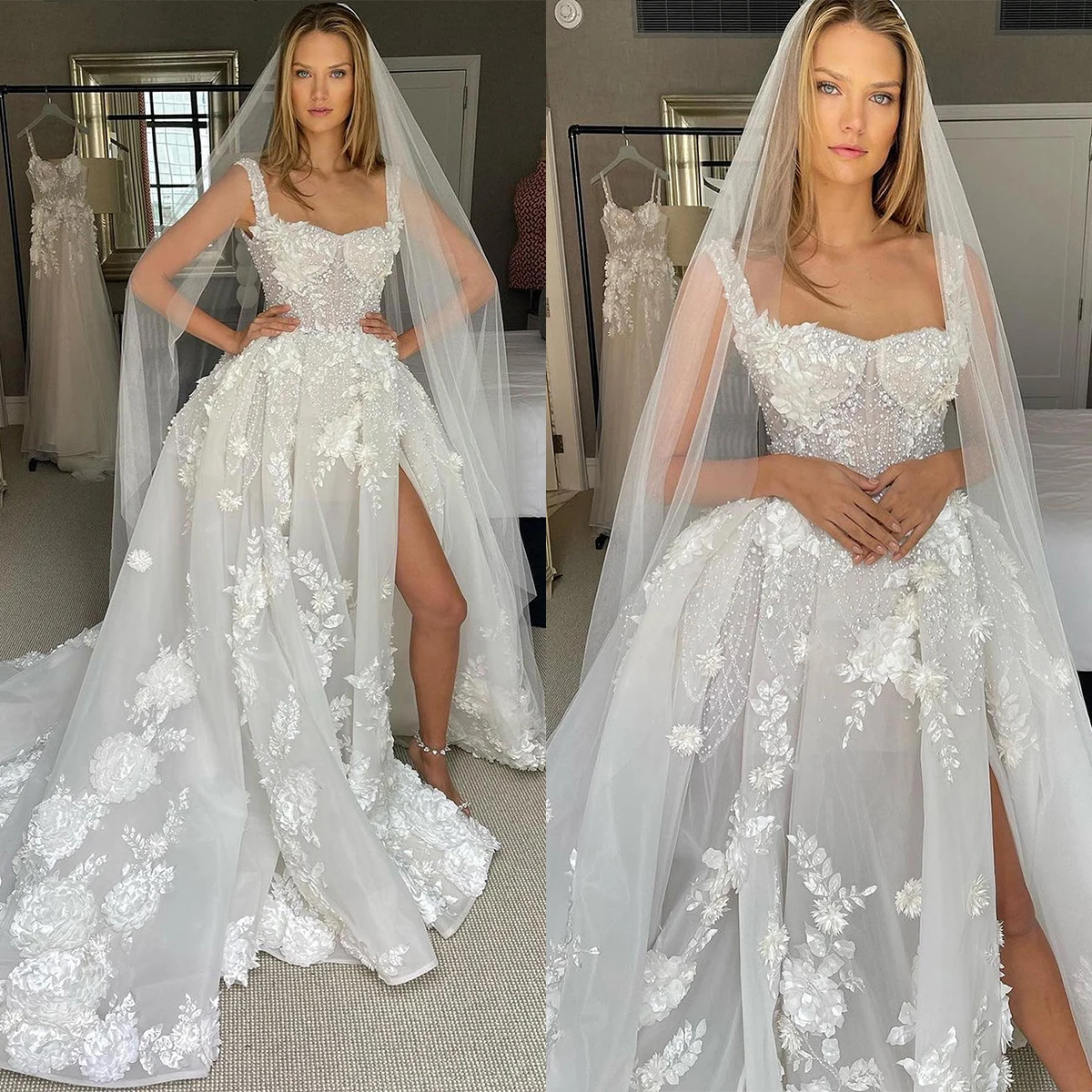 Glamorous A Line Wedding Dress Sleeveless Lace Floral Appliques Beaded Bridal Gowns Custom Made Side Slit Vestido de novia
Glamorous A Line Wedding Dress Sleeveless Lace Floral Appliques Beaded Bridal Gowns Custom Made Side Slit Vestido de novia