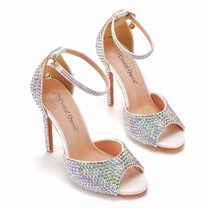 

New Sexy Pumps Sandal Wedding Rhinestone Buckle Strap PU 11CM Thin Heels Mature Women Dress Sandals Party Women Shoes Colored