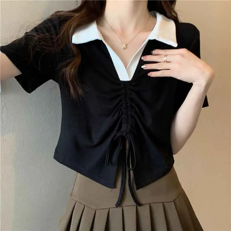 Summer Sexy Drawstring Short Sleeve Women Polo T Shirts Sweet Fashion Casual Slim Fit Black White Spliced 2xl Oversized Crop Top
Summer Sexy Drawstring Short Sleeve Women Polo T Shirts Sweet Fashion Casual Slim Fit Black White Spliced 2xl Oversized Crop Top