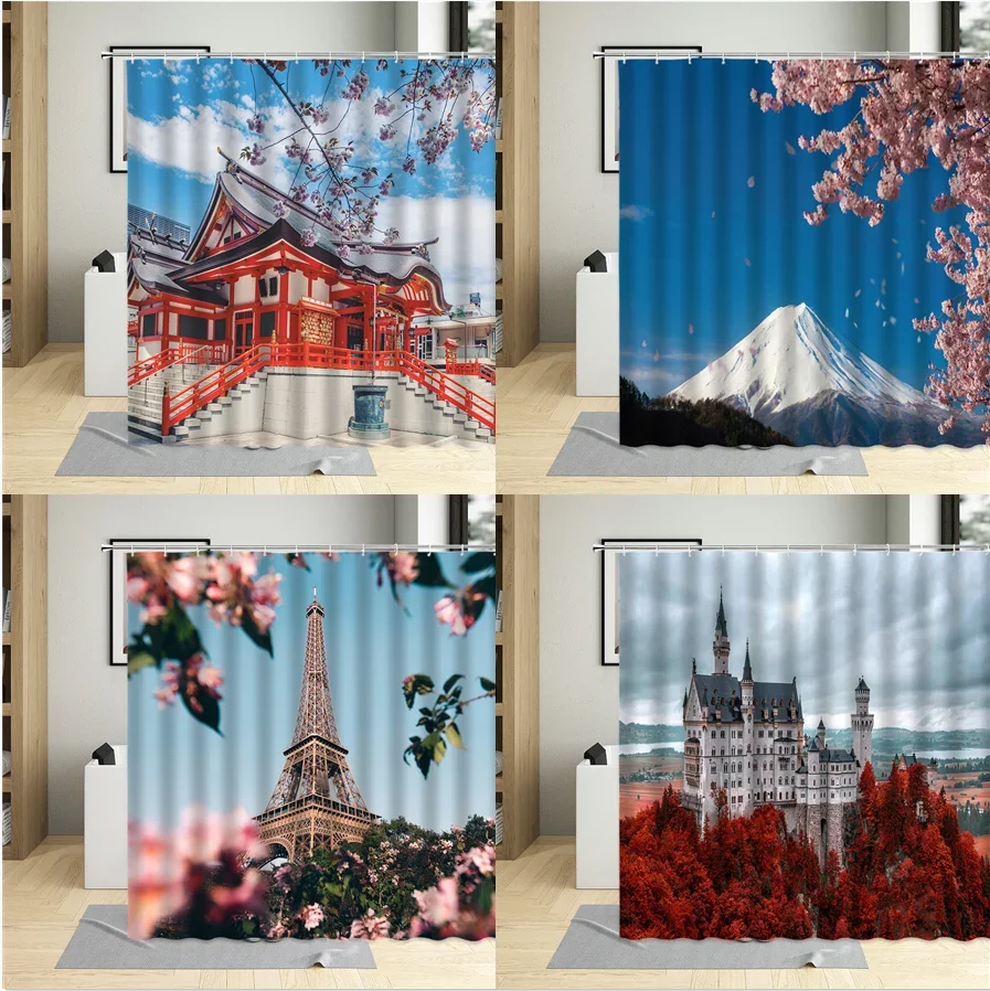 

Japanese-Style Cherry Blossom Shower Curtain Retro Architecture Mount Fuji Pink Flower Iron Tower Printing Bathroom Curtains Set