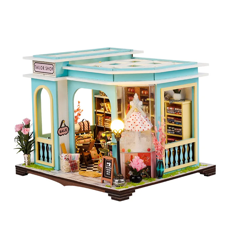 

DIY Wooden Dollhouse Mini Tailor Shop Doll Houses Miniature With Furniture Kit Assemble Toys for Children Christmas Gift Casa