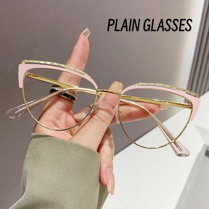 

Ladies Cat Eye Design Plain Glasses Metal Anti Blue Light Computer Eyewear Women Luxury Brand Optical Spectacle Eyeglasses