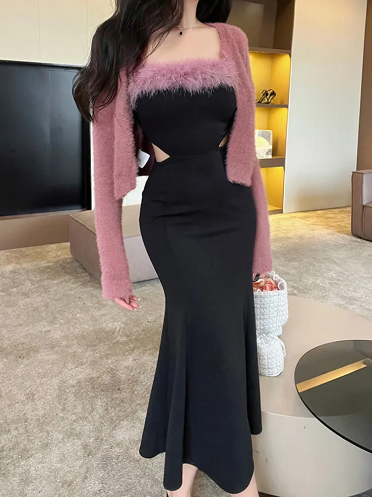 

Beyouare Furry Splice Midi Dress For Women Hollow Out Backless Sleeveless Sling Dresses Korean Fashion Party Night Clothes 2023