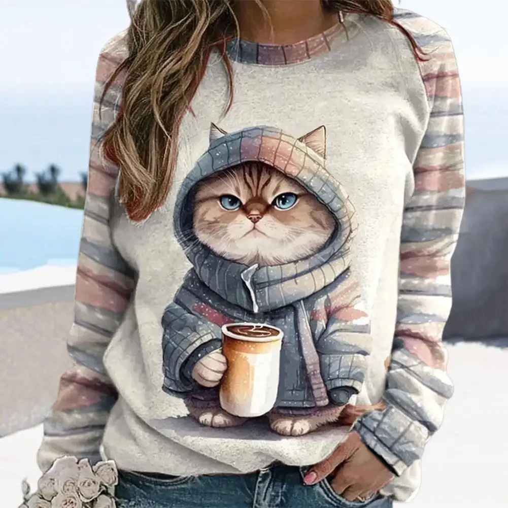 Stretchy Sweatshirt Cartoon Cat Print Women's Loose Fit Sweatshirt Round Neck Long Sleeve Pullover Top for Autumn Winter Long
Stretchy Sweatshirt Cartoon Cat Print Women's Loose Fit Sweatshirt Round Neck Long Sleeve Pullover Top for Autumn Winter Long