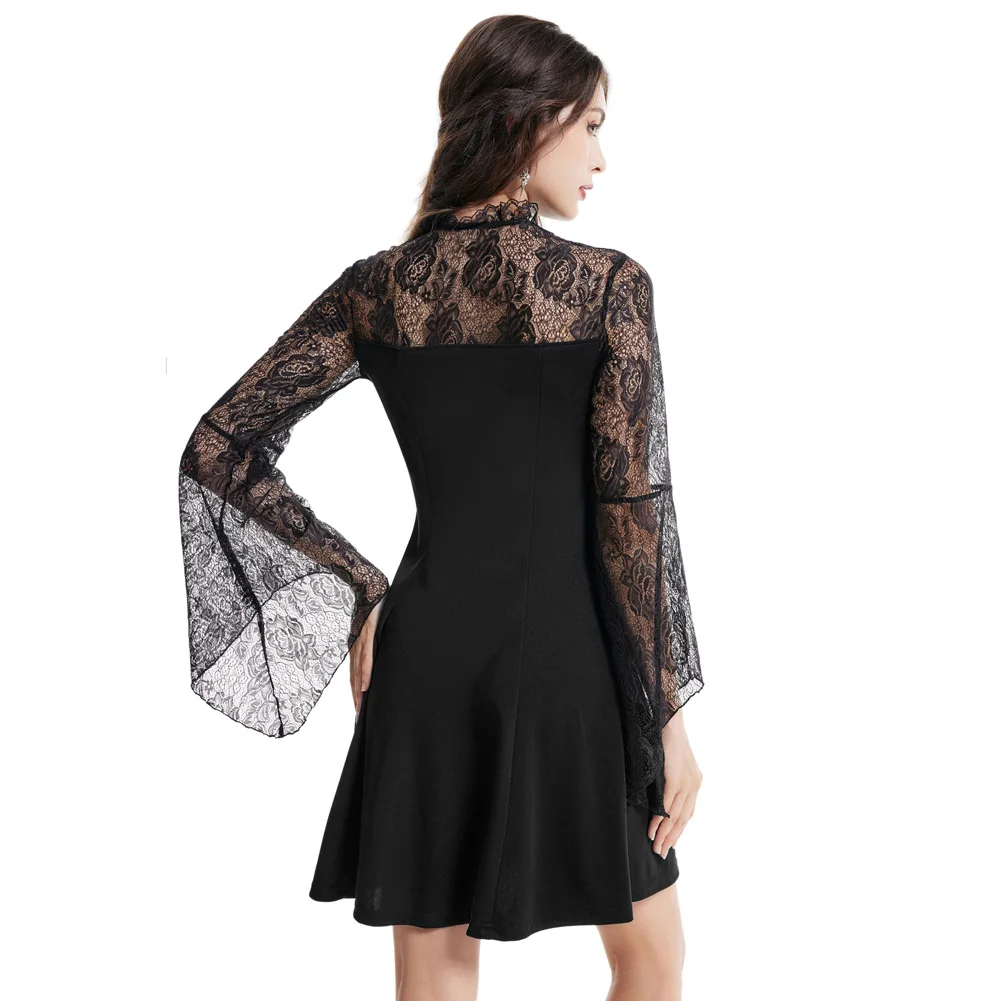 

SD Women's Renaissance Lace Patchwork Dress Long Bell Sleeves Above Knee A Line Dress Black Gothic Cocktail Skater Dress A30