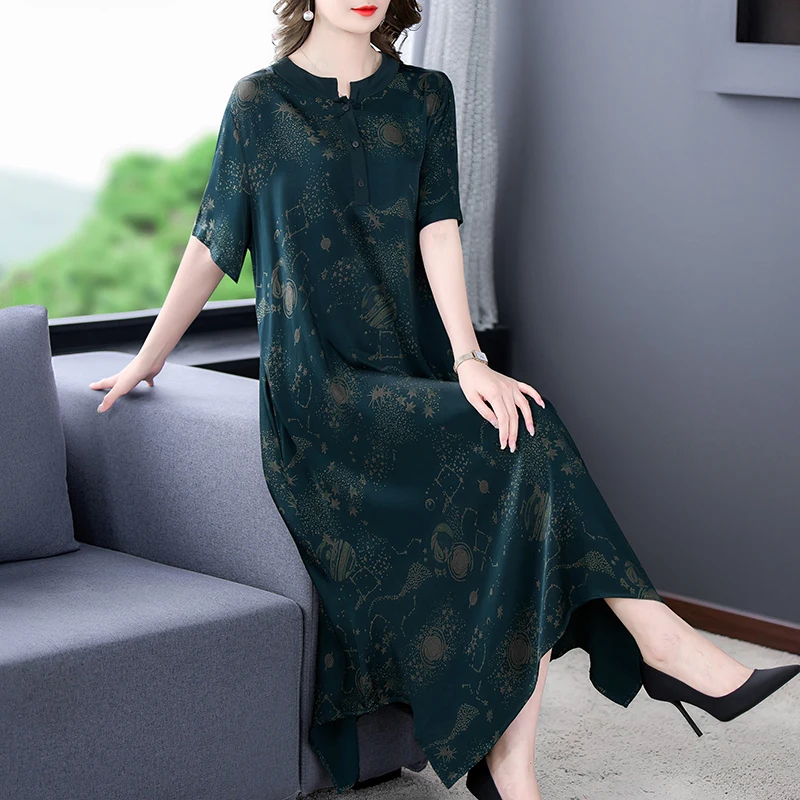 

Ladies Printed Silk Short Sleeve Loose Waist Midi Dress Korean Vintage Casaul Party Vestidos Summer Elegant Luxury Ball Dre