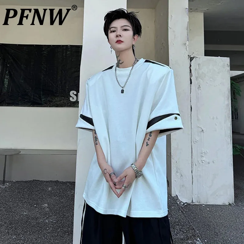 

PFNW Casual Men's T-shirt Short Sleeve Summer Round Neck Contrast Color Splicing Structure Loose 2024 New Fashion Pullover W3262